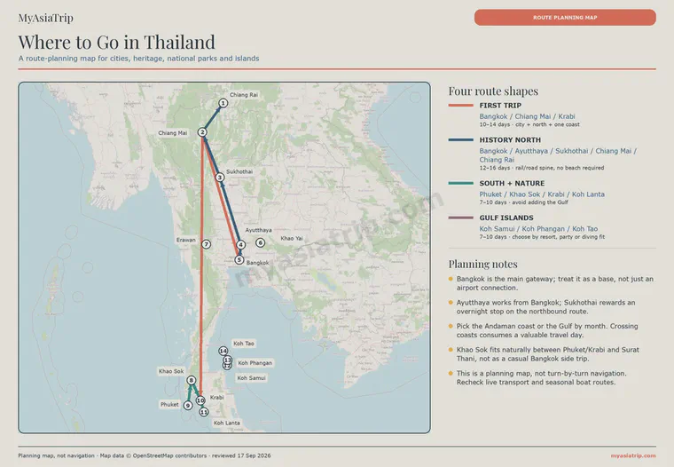 OpenStreetMap-based route-planning map showing Bangkok, Chiang Mai, historic cities, national parks and Thailand's main island groups