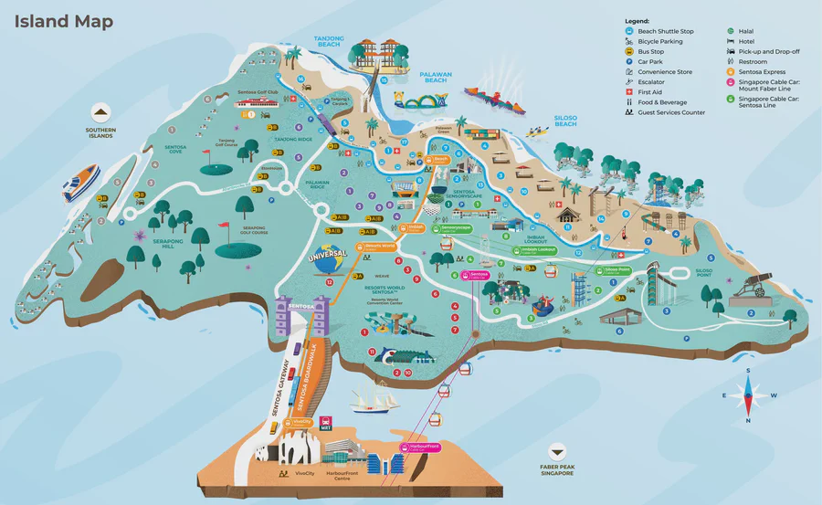 Official 2026 Sentosa island map showing Siloso, Palawan, Tanjong and island transport