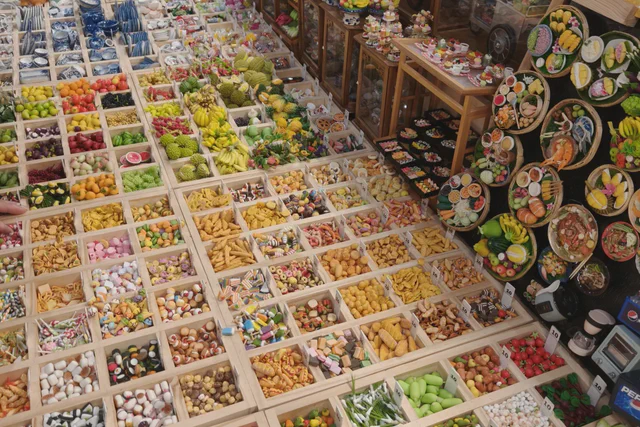 Colorful Thai craft souvenirs displayed at a Bangkok market