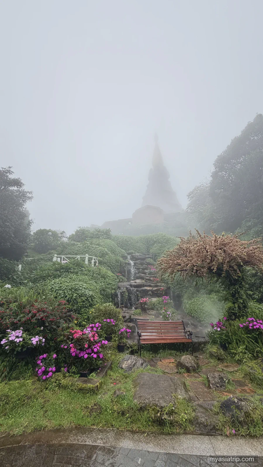 Misty garden and pagoda on a Doi Inthanon mountain visit