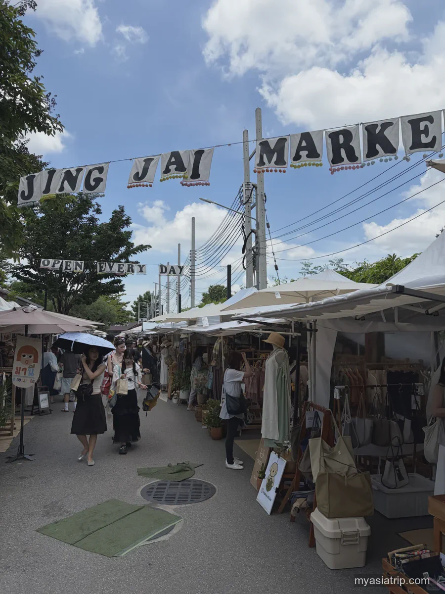 Entrance and craft stalls at Jing Jai Market in Chiang Mai