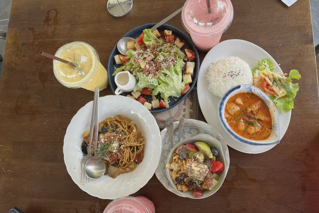 Northern Thai dishes arranged for a shared meal in Chiang Mai