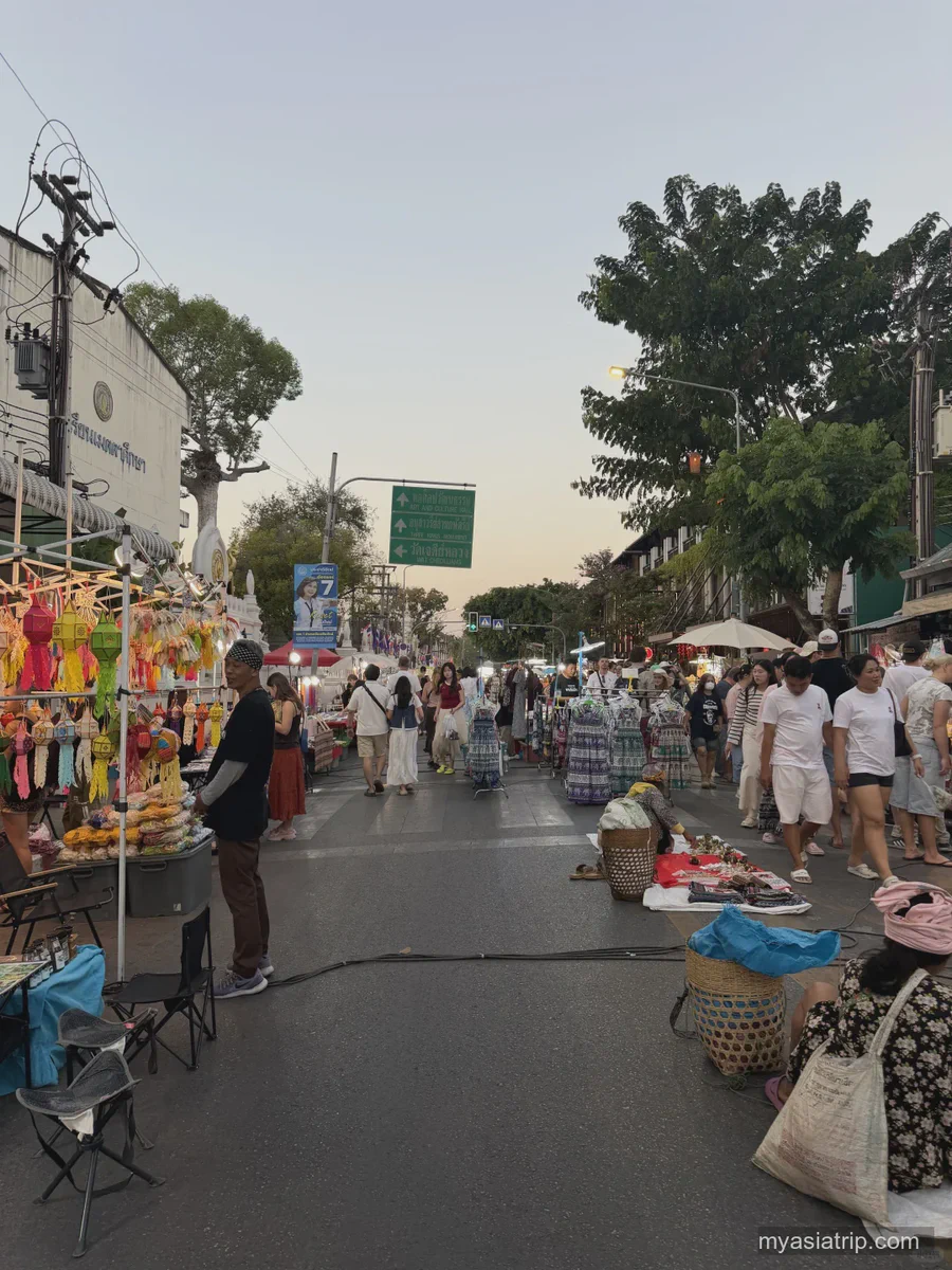 Open-air stalls lining a Chiang Mai weekend walking street