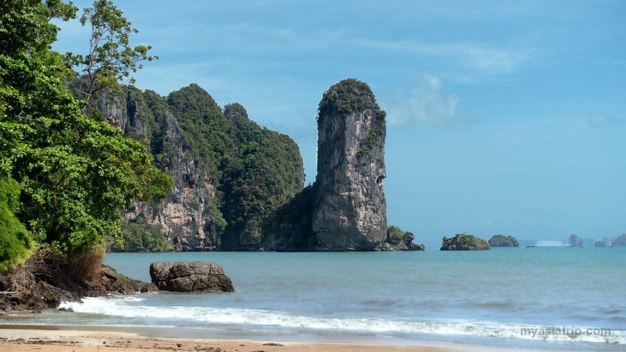 Krabi beach backed by dramatic limestone formations