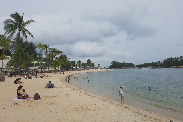 Sand and palm trees at Siloso Beach in Sentosa, Singapore