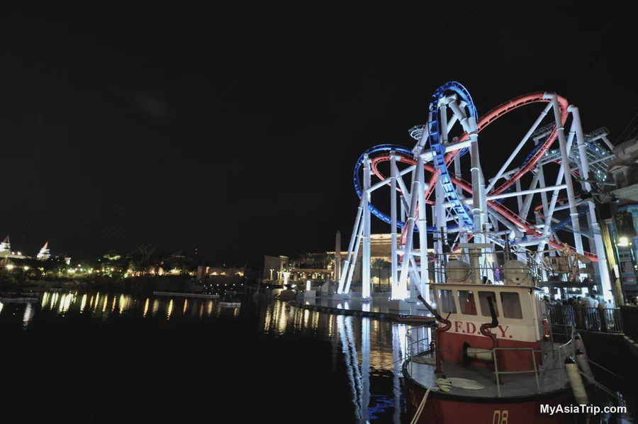 Battlestar Galactica roller coasters at Universal Studios Singapore at night