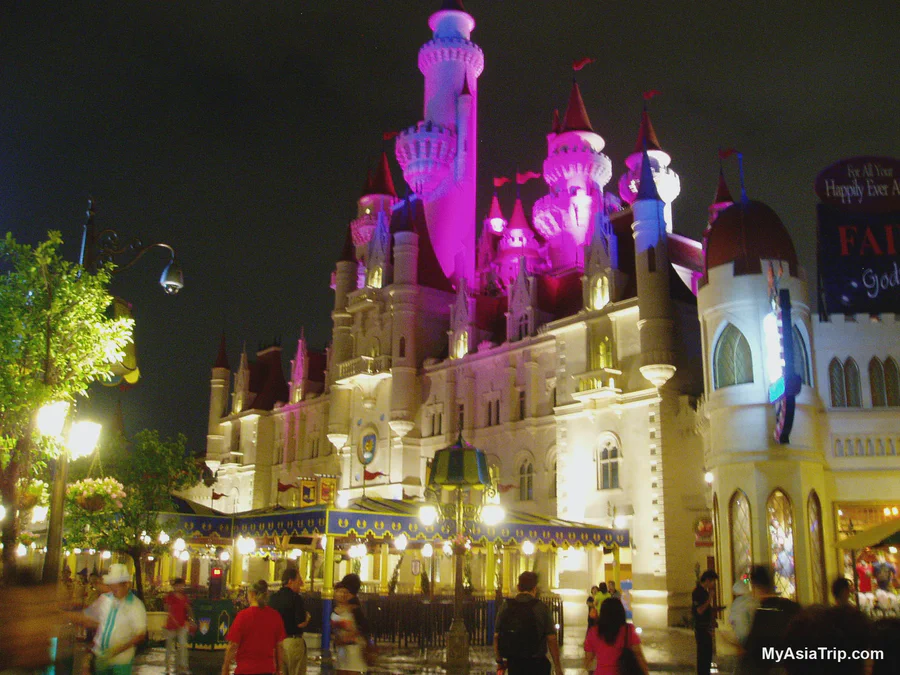 Far Far Away castle at Universal Studios Singapore at night